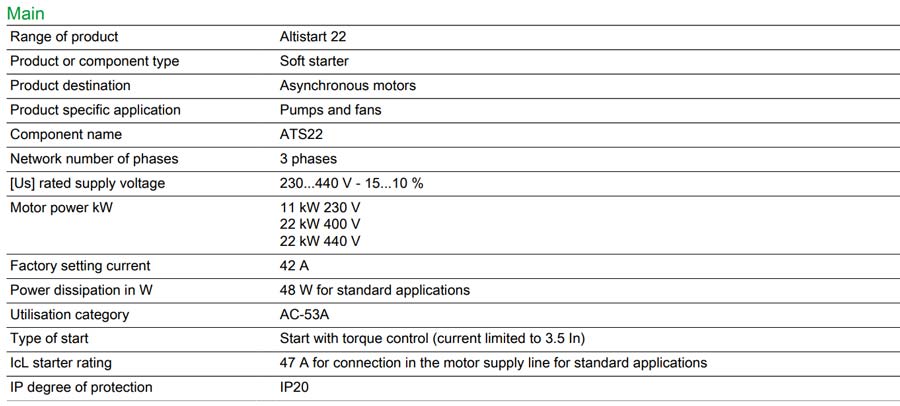 مشخصات فنی سافت استارتر ATS22 اشنایدر، کد فنی ATS22D47Q